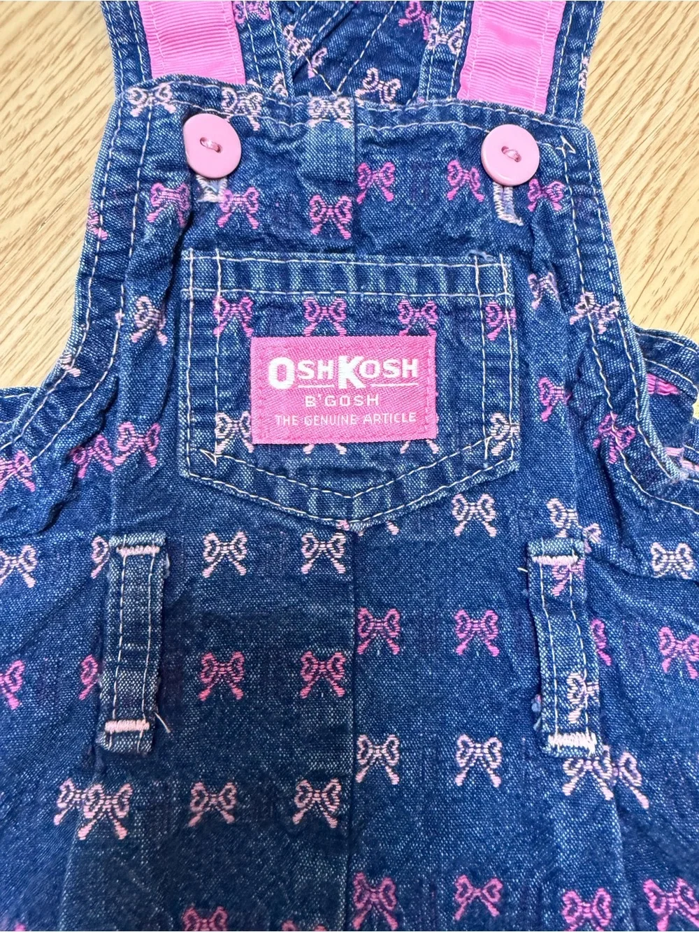 Vintage OshKosh B’Gosh Vestbak Girls Denim Bow Print Overall Jumper Dress USA
